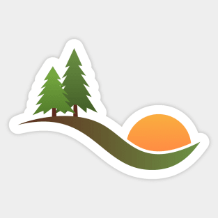 Trees on hill with rising or setting sun - forest, woods, wilderness logo Sticker